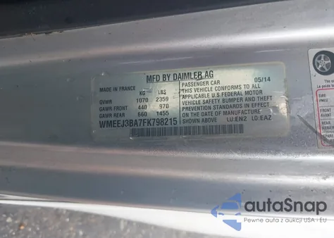 2015 Smart Fortwo Passion/Pure из США, поврежденный, VIN WMEEJ3BA7FK798215